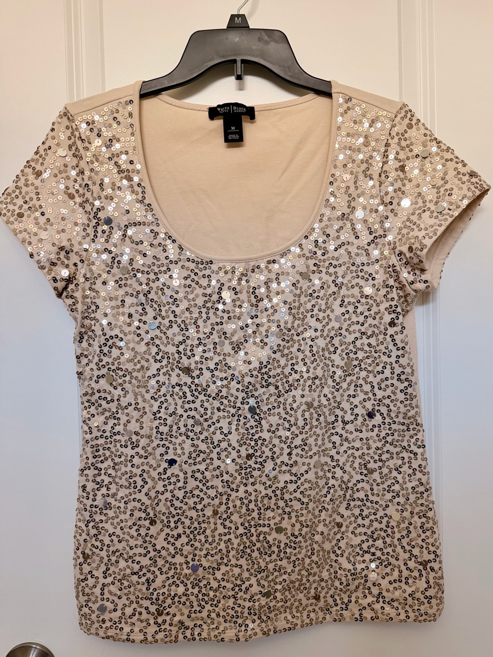 White House Black Market Beige Sequin Scoop Neck Women's Top